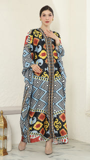 Blue Tribal Ikat Long Sleeve Kaftan