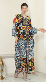 Blue Tribal Ikat Long Sleeve Kaftan