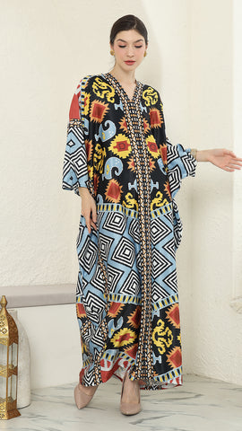 Blue Tribal Ikat Long Sleeve Kaftan