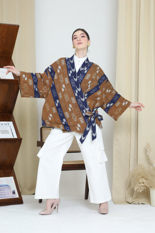 BROWN BLUE OVERSIZED IKAT KIMONO OUTER