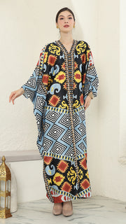 Blue Tribal Ikat Long Sleeve Kaftan