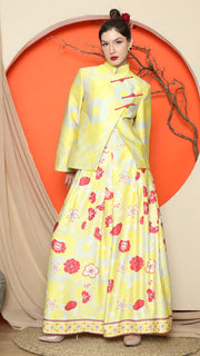 YELLOW FLORAL JACQUARD JACKET with SKIRT SET