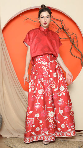 RED JACQUARD QIPAO SHIRT with FLORAL SKIRT