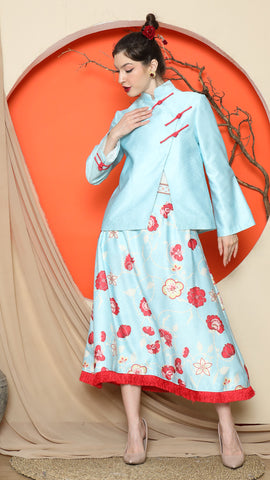 BLUE FLORAL JACQUARD JACKET with SKIRT SET