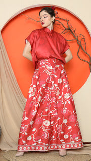 RED JACQUARD QIPAO SHIRT with FLORAL SKIRT