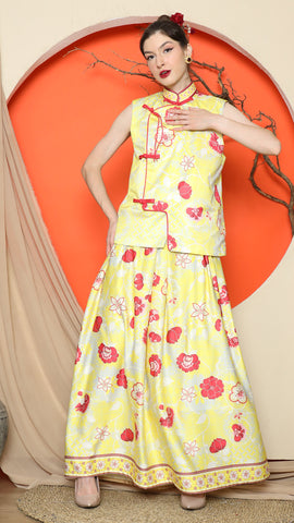 YELLOW CHONGSAM FLORAL VEST with FLORAL SKIRT