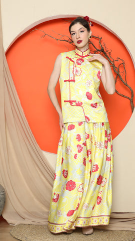 YELLOW CHONGSAM FLORAL VEST with FLORAL SKIRT