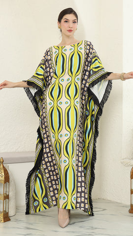 Olive Ikat Fringe Short Sleeve Kaftan