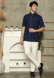 Navy Blue Mandarin Collar Shirt