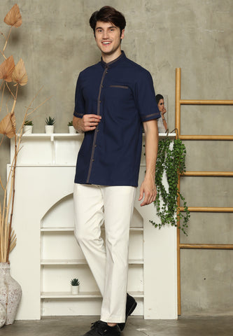 Navy Blue Mandarin Collar Shirt