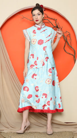 BLUE CHONGSAM FLORAL VEST with SKIRT SET