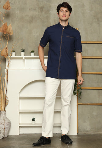 Navy Blue Mandarin Collar Shirt