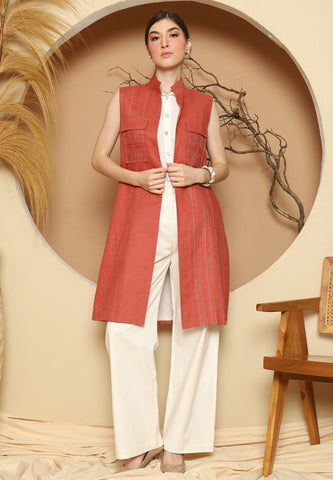 Terracota Linen Vest With Detail Stich