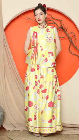 YELLOW CHONGSAM VEST FLORAL with FLORAL SKIRT