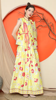 YELLOW CHONGSAM VEST FLORAL with FLORAL SKIRT