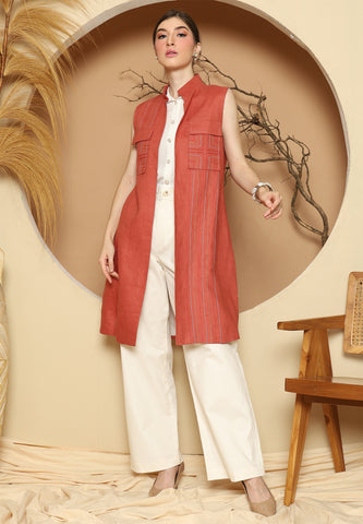 Terracota Linen Vest With Detail Stich