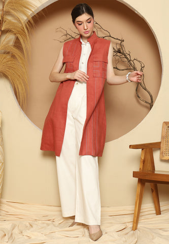 Terracota Linen Vest With Detail Stich