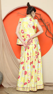 YELLOW CHONGSAM VEST FLORAL with FLORAL SKIRT