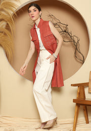 Terracota Linen Vest With Detail Stich