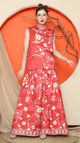 RED CHONGSAM FLORAL VEST with FLORAL SKIRT