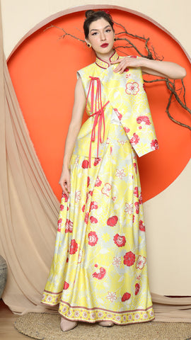 YELLOW CHONGSAM VEST FLORAL with FLORAL SKIRT