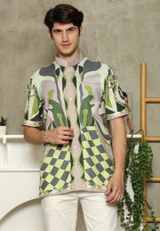 Olive Mandarin Collar Abstract Man Shirt