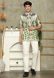 Olive Mandarin Collar Abstract Man Shirt