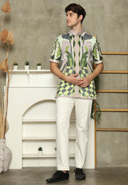 Olive Mandarin Collar Abstract Man Shirt