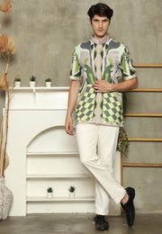 Olive Mandarin Collar Abstract Man Shirt