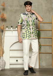 Olive Mandarin Collar Abstract Man Shirt