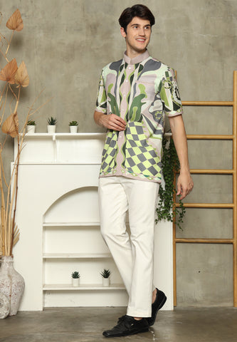 Olive Mandarin Collar Abstract Man Shirt