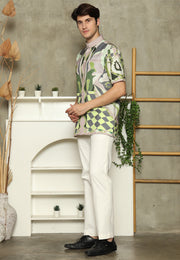 Olive Mandarin Collar Abstract Man Shirt