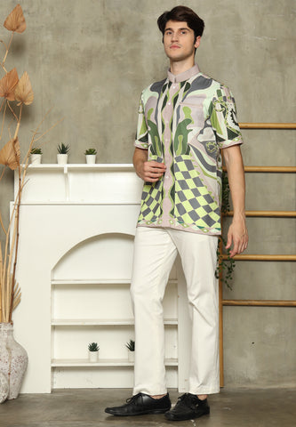 Olive Mandarin Collar Abstract Man Shirt