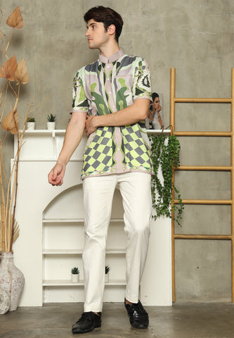 Olive Mandarin Collar Abstract Man Shirt