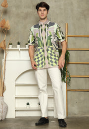 Olive Mandarin Collar Abstract Man Shirt