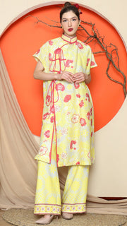 YELLOW ORIENTAL FLORAL CHEONGSAM PANT SET