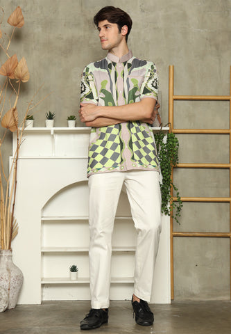 Olive Mandarin Collar Abstract Man Shirt