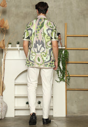 Olive Mandarin Collar Abstract Man Shirt