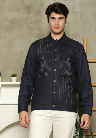 Navy Blue Linen Man Jacket