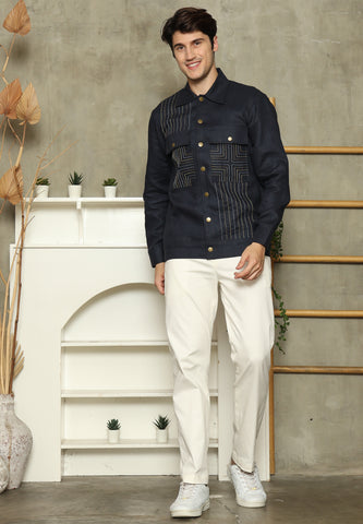 Navy Blue Linen Man Jacket