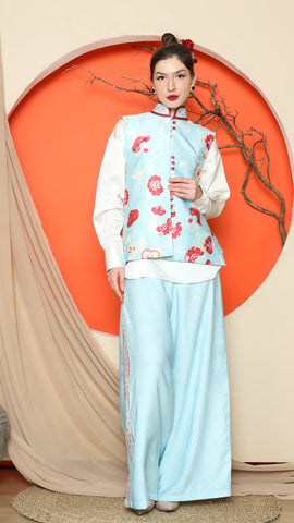 BLUE FLORAL SIDE BUTTON VEST with  PANTS SET