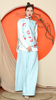 BLUE FLORAL SIDE BUTTON VEST with  PANTS SET