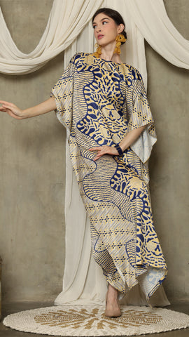 Yellow Blue Batik Short Sleeve Kaftan