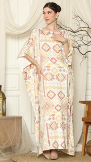 White Ikat Gold Short Sleeve Kaftan