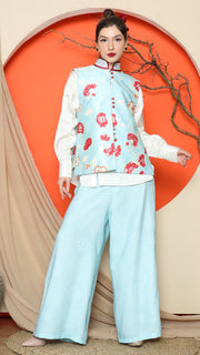 BLUE FLORAL SIDE BUTTON VEST with  PANTS SET