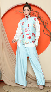 BLUE FLORAL SIDE BUTTON VEST with  PANTS SET