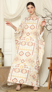 White Ikat Gold Short Sleeve Kaftan