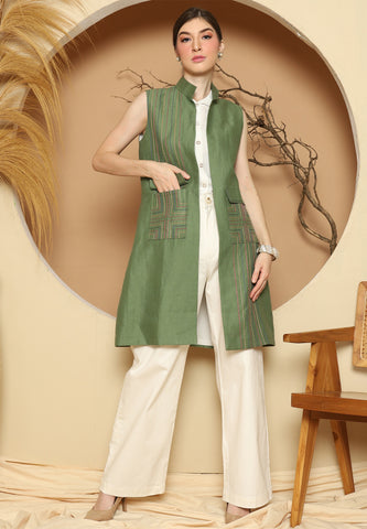 Green Linen Vest With Detail Stich