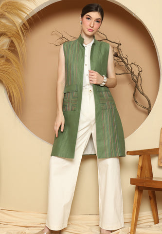 Green Linen Vest With Detail Stich