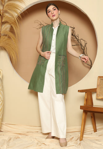 Green Linen Vest With Detail Stich